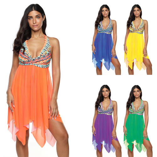 V-neck 4XL Mesh Beach Dresses Women Plus Size Floral Printed Swimdress PQ2020D