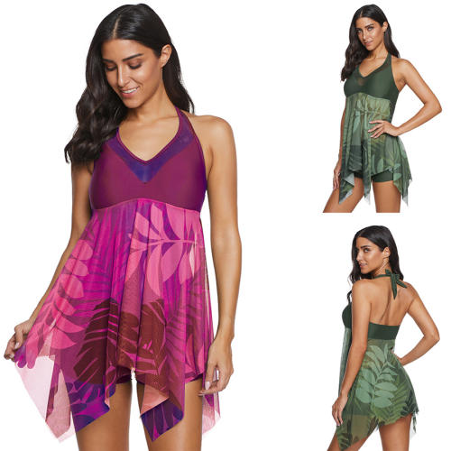 Leaf Print Swimdress Women Super Size Swimsuit 3XL Sheer Mesh Beachwear PQ2033A