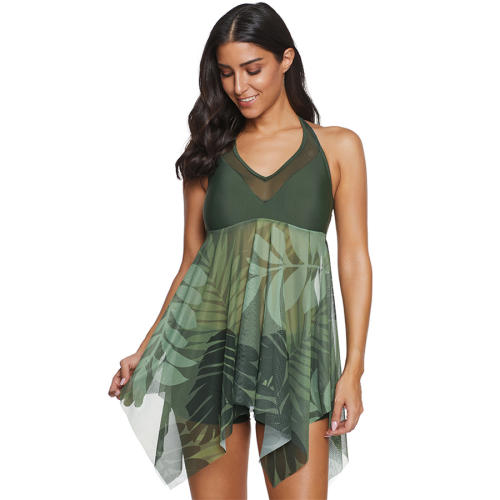 Leaf Print Swimdress Women Super Size Swimsuit 3XL Sheer Mesh Beachwear PQ2033A