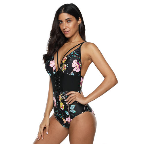Women Lace-up Wholesale Monokinis Plus Size Retro Floral Printed Bathing Suits PQ2057
