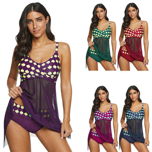 Sheer Mesh Swimwear Female Super Size Polka Dot Swimdress PQ2052B
