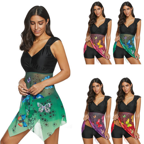 Padded Beach Wear Butterfly Print Swimdress Super Size Mesh Swimwear PQ2053C
