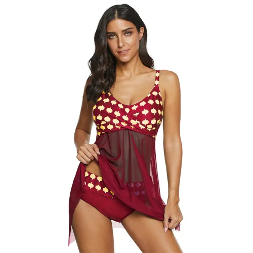 Sheer Mesh Swimwear Female Super Size Polka Dot Swimdress PQ2052B