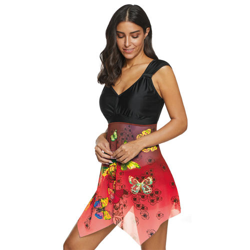 Butterfly Print Swimdress Super Size Mesh Swimwear Big Women Swimsuit PQ2053D