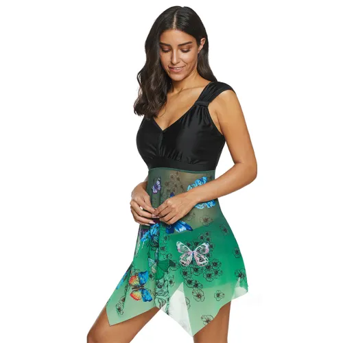 Butterfly Print Swimdress Super Size Mesh Swimwear Padded Beach Wear PQ2053A