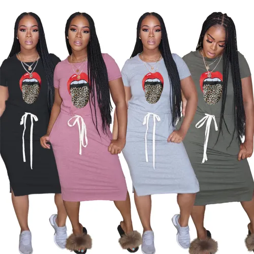 Leopard Print Lips Midi Dresses Casual Loose Dress For Women PQ6085A