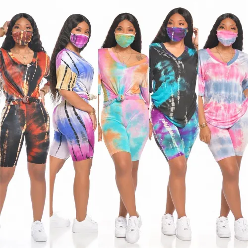 Fashion Sport Shorts With Mask Ladies Tie-dye Casual Home Wear PQ6086B
