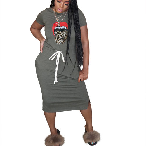 Casual Loose Dress For Women Leopard Print Lips Midi Dresses PQ6085B