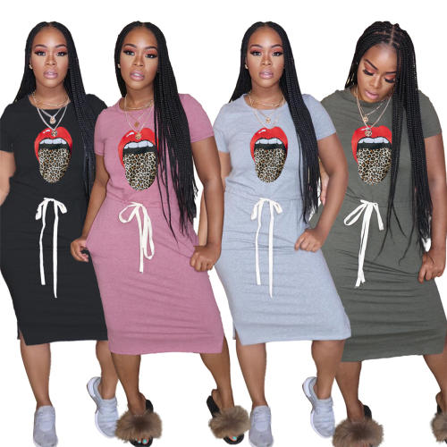 Casual Loose Dress For Women Leopard Print Lips Midi Dresses PQ6085B