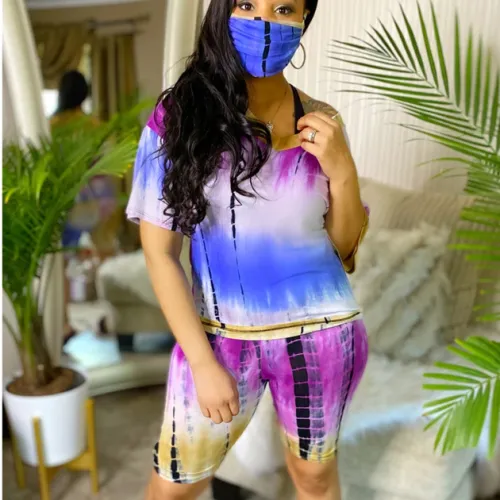 Tie-dye Casual Home Wear With Mask Ladies Fashion Two Piece Pants PQ6086D