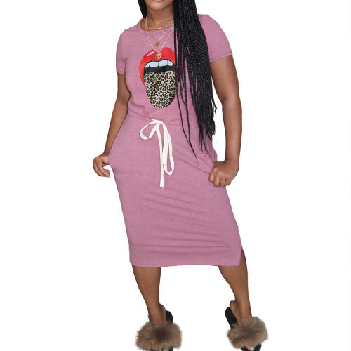 Leopard Print Lips Midi Dresses Casual Loose Dress For Women PQ6085A