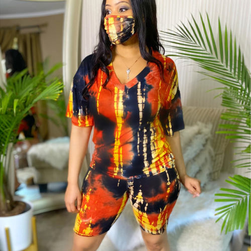 Ladies Tie-dye Casual Home Wear Fashion Sport Shorts With Mask PQXM6086A