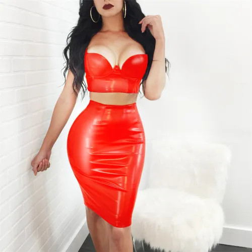 Wet Look PU Club Wear Faux Leather Bra and Skirts for Women PQ7308B
