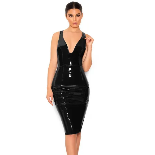 Deep V-neck PU Midi Dresses for Women Faux Leather Night Club Wear PQ7311A