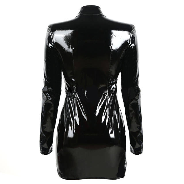 Open Bust Wetlook PVC Sexy Dress for Women Faux Leather Nigh Clubwear PQYS36