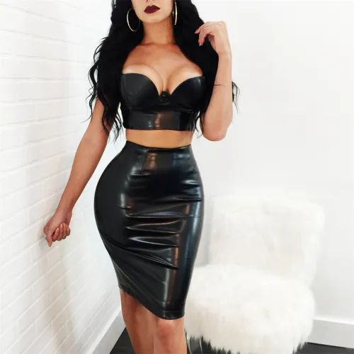 Faux Leather Bra and Skirts for Women Wet Look PU Club Wear PQ7308A