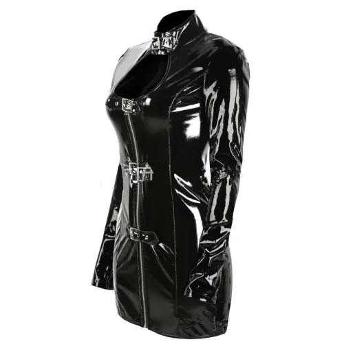 Open Bust Wetlook PVC Sexy Dress for Women Faux Leather Nigh Clubwear PQYS36