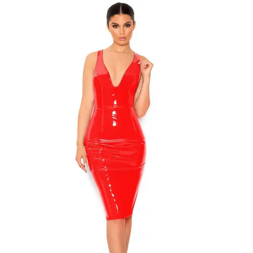 Faux Leather Night Club Wear Deep V-neck PU Midi Dresses for Women PQ7311B
