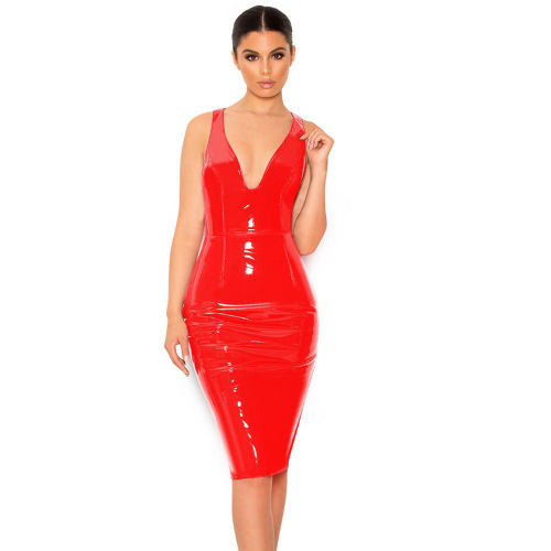 Faux Leather Night Club Wear Deep V-neck PU Midi Dresses for Women PQ7311B