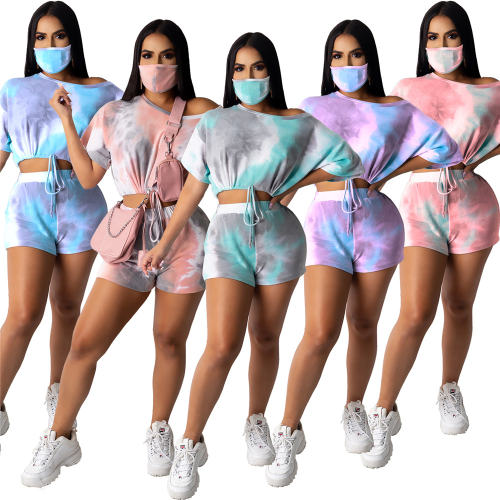 Ladies Tie-dye Round Neck Casual Tracksuit Fashion Home Sports Shorts PQ4119A