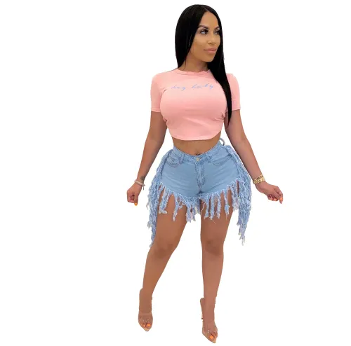 High Waist Vintage Denim Jeans Distressed Shorts with Frayed Fringe PQ5322E
