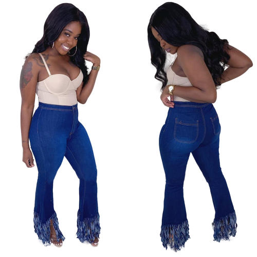 Street Trend Flared Trousers Fringed Denim Jeans Women Washed Pants PQ5315B