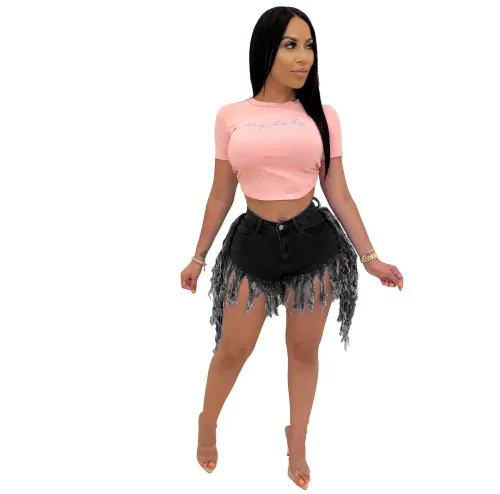 High Waist Distressed Jeans Vintage Denim Shorts with Frayed Fringe PQ5322A