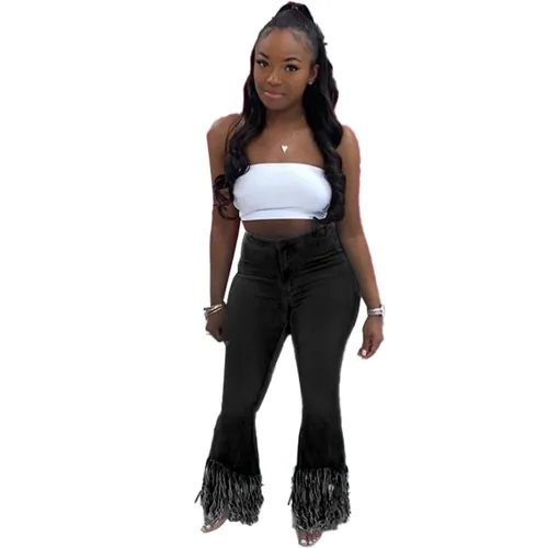 Women Washed Pants Street Trend Flared Trousers Fringed Denim Jeans PQ5315A