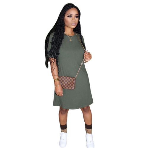 Loose Pocket Ladies Dress Round Neck Solid Color Casual Dress PQ6092B