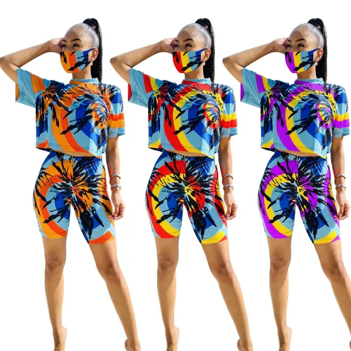 Ladies Tie-dye Loose Tops Casual Fashion Home Shorts with Mask PQ6094A