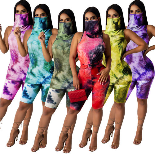 Tie-dye Casual Streetwear for Women Fashion Home Sport Tops with Shorts PQ6095A