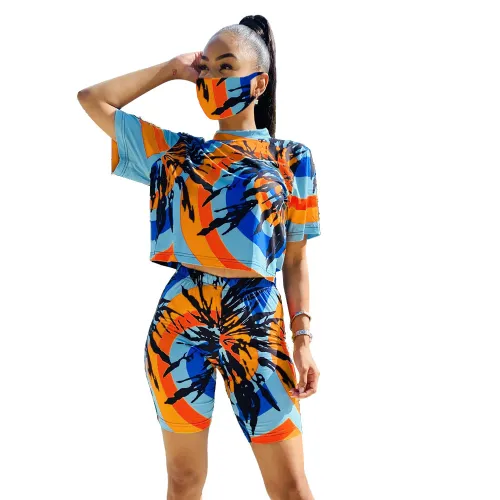 Ladies Tie-dye Loose Tops Casual Fashion Home Shorts with Mask PQ6094A