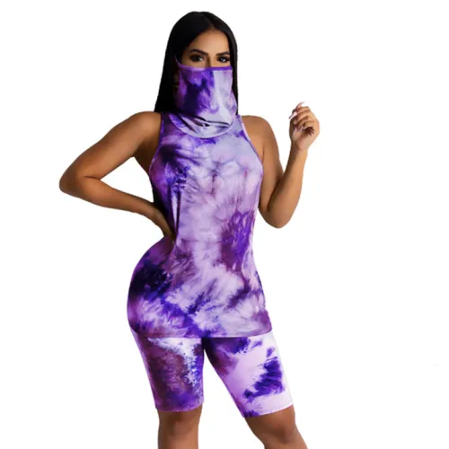 Tie-dye Casual Streetwear for Women Fashion Home Sport Tops with Shorts PQ6095A