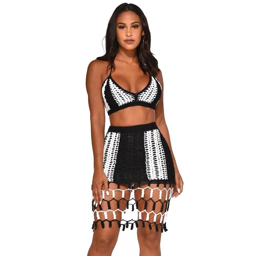 Fashionable Street Wear Hand-woven Beach Skirt Two-piece Bikini Suits PQ4072A