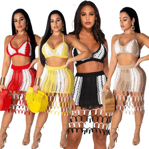 Fashionable Street Wear Hand-woven Beach Skirt Two-piece Bikini Suits PQ4072A