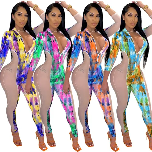 Three-quarter Sleeve Sexy Jumpsuit Mesh Colorful Print Fashion Clothing PQ6099B