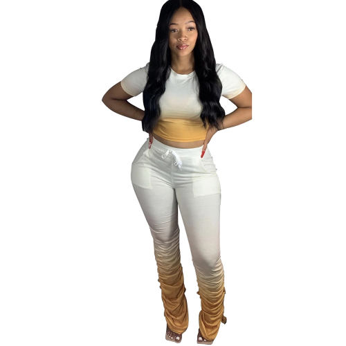 Women Gradient Color Two Piece Sets Pleated Slit Micro Flared Pants PQ3302A