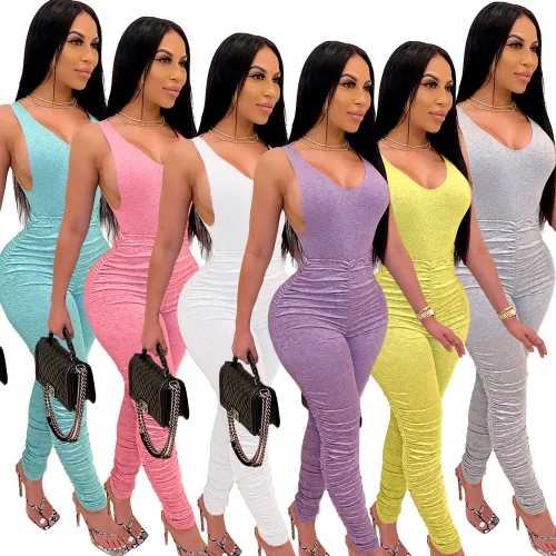 Tight Backless V-neck Tracksuit Pleated Jogging Suit For Women PQ3303A