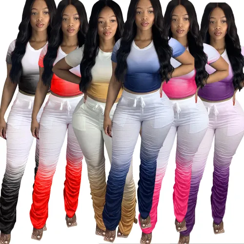 Women Gradient Color Two Piece Sets Pleated Slit Micro Flared Pants PQ3302A
