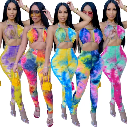 Ladies Tie-dye Printing High Waist Jumpsuit with Bikini Tops PQ3305A