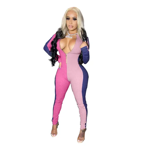 Pink Color Slim Tracksuit Women Mesh Patchwork Pit Strip Fitting Jumpsuit PQ4314C