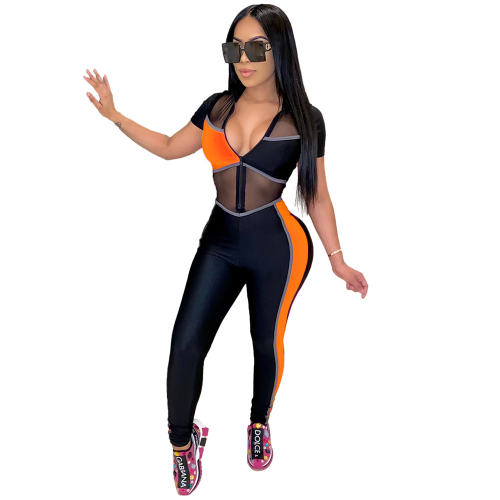 Orange Color Colorblock Mesh Tracksuit Sexy Slim Fit Jumpsuit PQ4213A