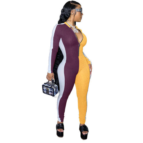 Purple/Yellow Color Slim Tracksuit Women Mesh Patchwork Pit Strip Fitting Jumpsuit PQ4314B