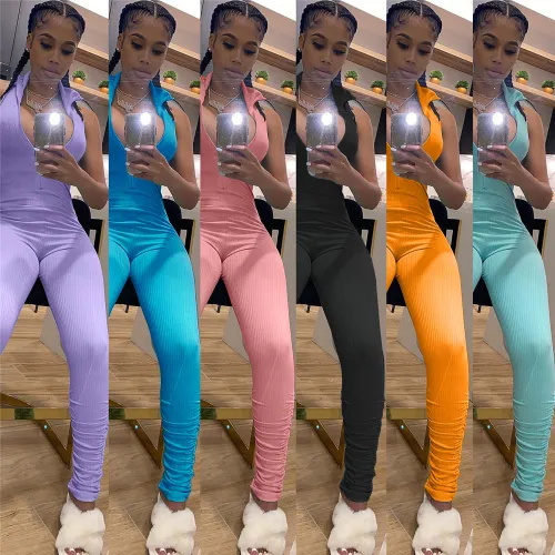 Blue Color Nightclub Sexy Pit Striped Jumpsuit Sleeveless Tights PQ4212A