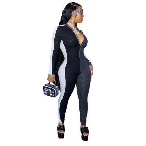 Black Color Slim Tracksuit Women Mesh Patchwork Pit Strip Fitting Jumpsuit PQ4314A