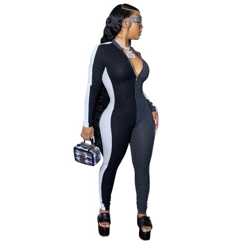 Black Color Slim Tracksuit Women Mesh Patchwork Pit Strip Fitting Jumpsuit PQ4314A