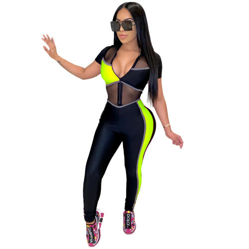 Green Color Colorblock Mesh Tracksuit Sexy Slim Fit Jumpsuit PQ4213B