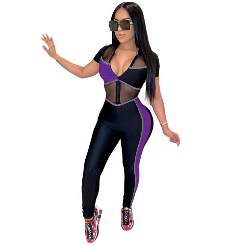 Purple Color Colorblock Mesh Tracksuit Sexy Slim Fit Jumpsuit PQ4213C