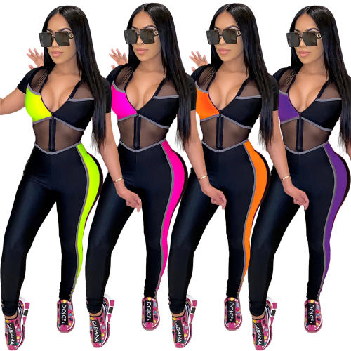 Purple Color Colorblock Mesh Tracksuit Sexy Slim Fit Jumpsuit PQ4213C