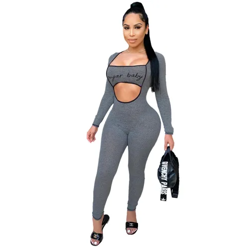 Grey Color Women's Fashion Sexy Streetwear Jogging Sports Jumpsuit PQ5014B